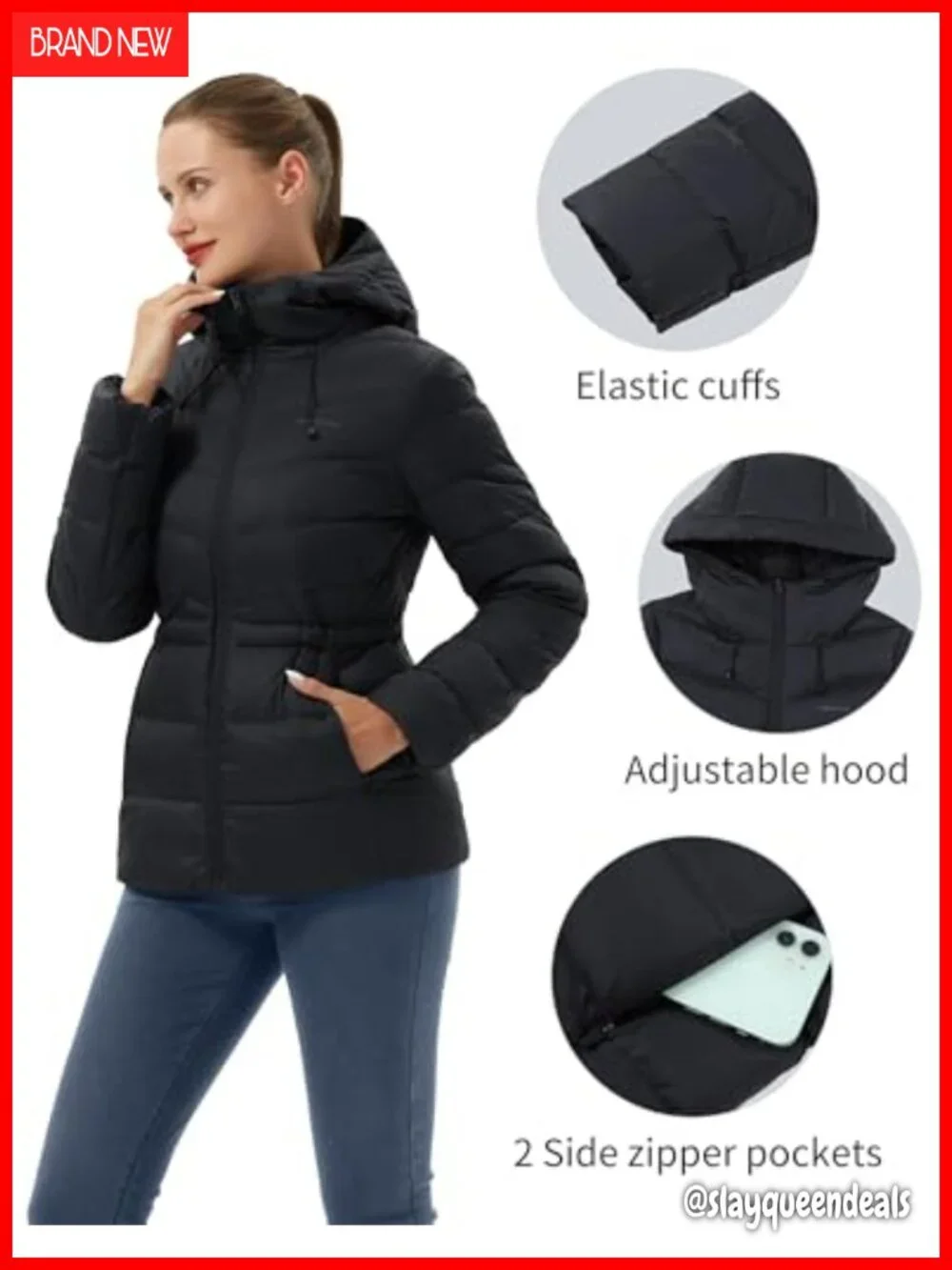 Women's Down Puffer Jacket Lightweight Hooded Winter Coat Water Repellent
